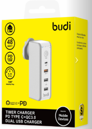 شارژر دیواری 48W بودی PD و QC3.0 و فست سه پین تایمردار سری قابل چرخش با 4 پورت مدل AC301TUW50 با گارانتی 18 ماهه (6 ماه تعویض) — تصویر ۴