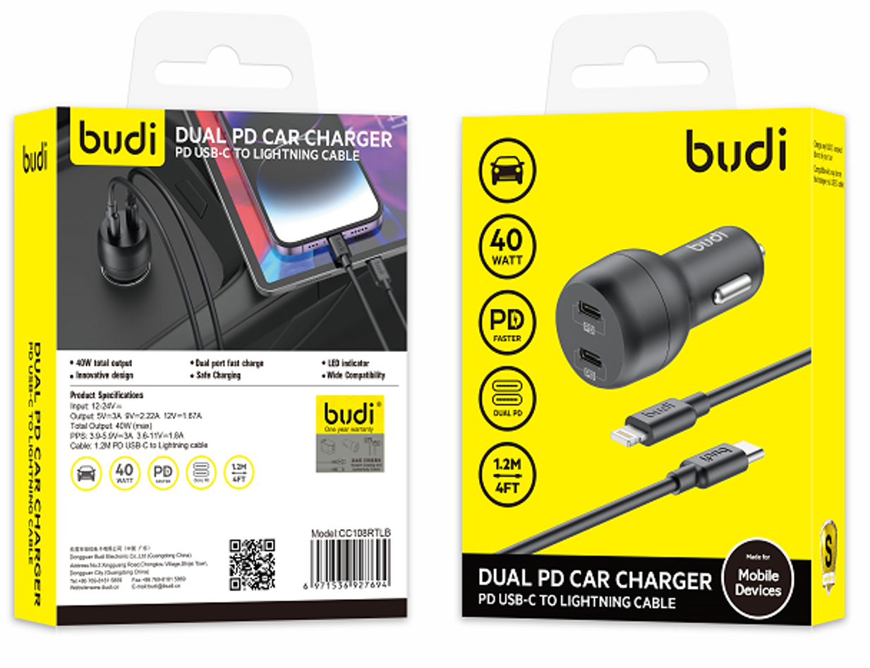 شارژر فندکی 40W بودی PD و فست با 2 خروجی USB-C به همراه کابل USB-C به لایتنینگ به طول 1.2 متر مدل CC108RTLB با گارانتی 18 ماهه (6 ماه تعویض) — تصویر ۷
