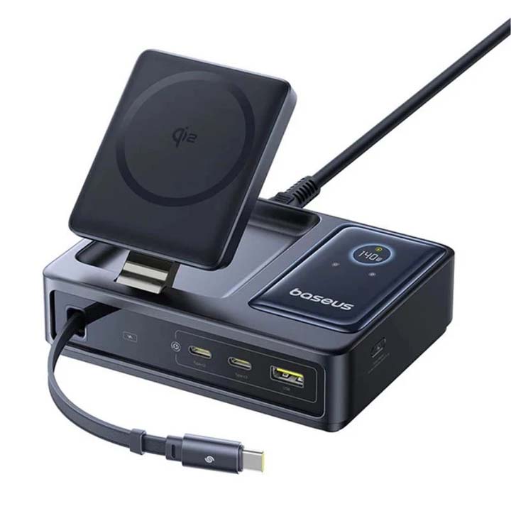 شارژر رومیزی 140 وات باسیوس 5 پورت مدل Baseus Nomos 5in1 Qi2 با 3 خروجی USB-C و 1 خروجی USB و 1 خروجی بی سیم به همراه کابل جمع شونده با گارانتی 24 ماهه شرکتی — تصویر ۳