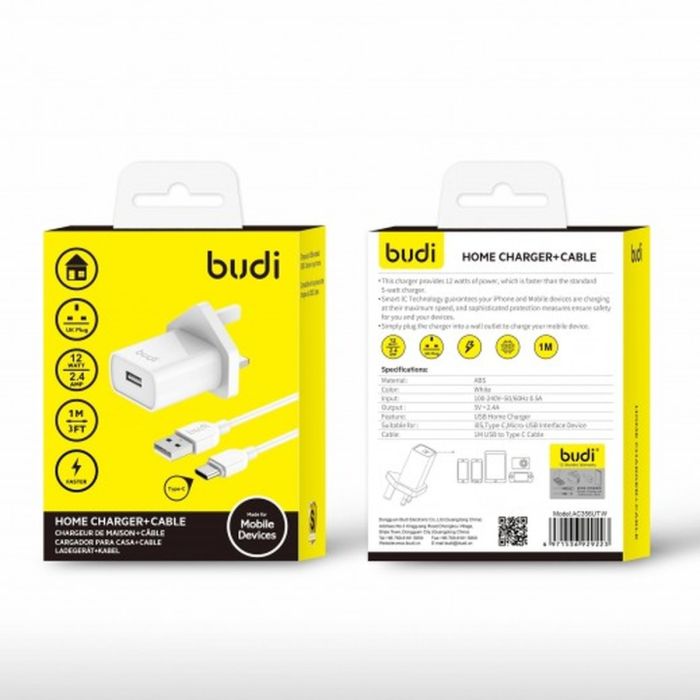 شارژر دیواری 12W بودی سه پین با یک خروجی USB به همراه کابل Type-C مدل AC356UTW با گارانتی 18 ماهه (6 ماه تعویض) — تصویر ۲