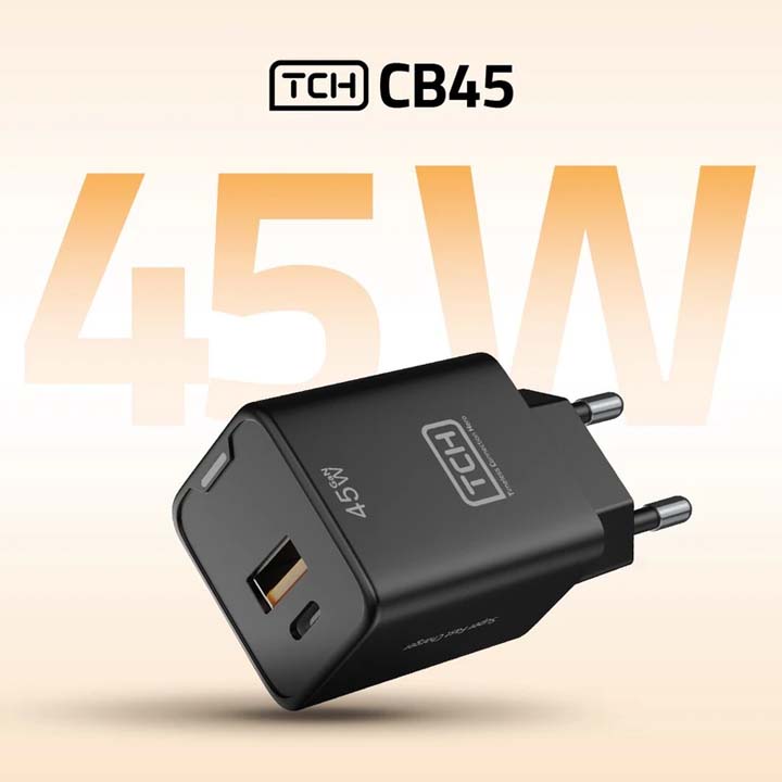 شارژر دیواری 45 وات تی سی اچ مدل TCH CB45 دو پین با 1 خروجی USB-C و 1 خروجی USB با گارانتی 18 ماهه شرکتی — تصویر ۴