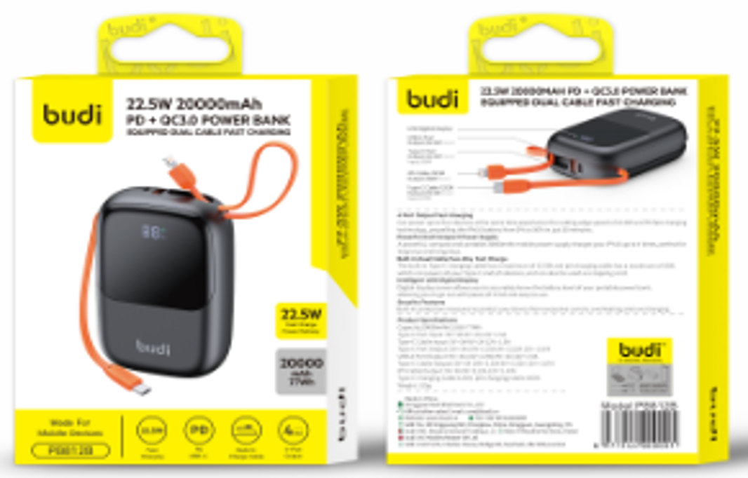 پاوربانک بودی PD و فست 20000mAh 22.5W با نمایشگر درصد شارژ و دو کابل متصل مدل PB812B با گارانتی 18 ماهه (6 ماه تعویض)