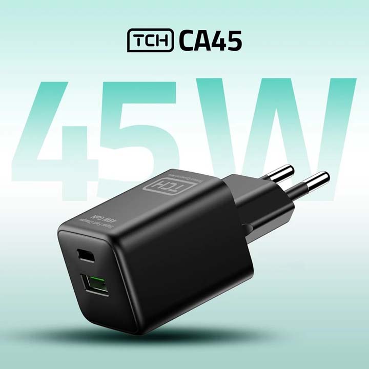 شارژر دیواری 45 وات تی سی اچ مدل TCH CA45 دو پین با 1 خروجی USB-C و 1 خروجی USB با گارانتی 18 ماهه شرکتی — تصویر ۴