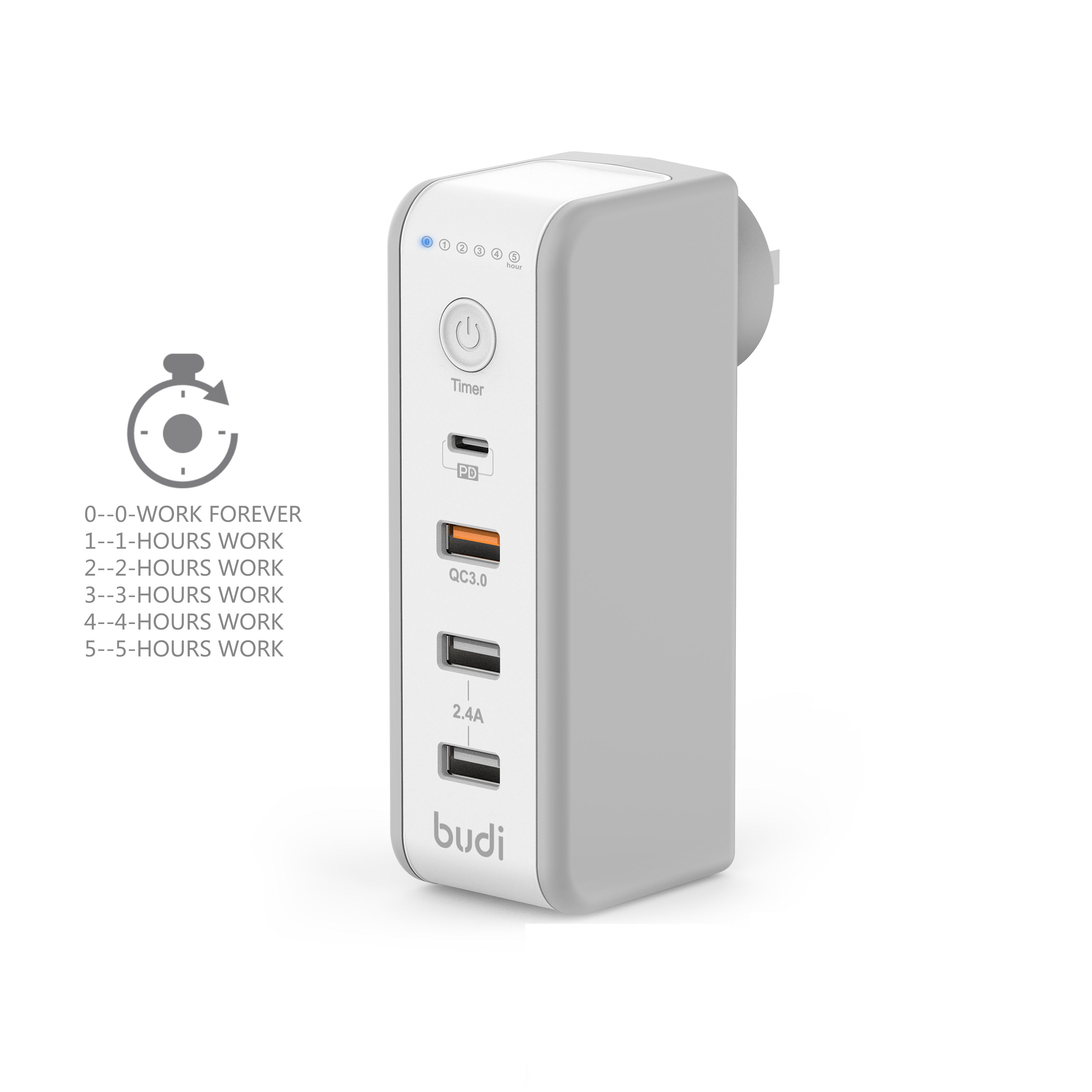 شارژر دیواری 48W بودی PD و QC3.0 و فست سه پین تایمردار سری قابل چرخش با 4 پورت مدل AC301TUW50 با گارانتی 18 ماهه (6 ماه تعویض) — تصویر ۲
