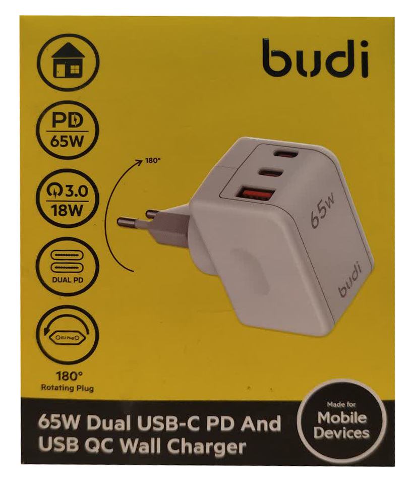 شارژر دیواری 65W بودی PD و QC3.0 و فست با یک خروجی USB و دو خروجی USB-C و سری قابل چرخش مدل AC352EW با گارانتی 18 ماهه (6 ماه تعویض) — تصویر ۴