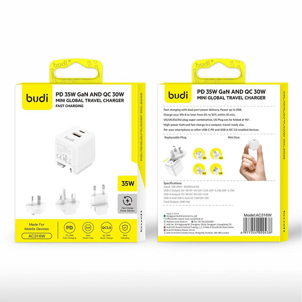 شارژر دیواری 35W GaN بودی PD و فست با یک خروجی USB و یک خروجی USB-C دارای سری یونیورسال مدل AC316W با گارانتی 18 ماهه (6 ماه تعویض) — تصویر ۳
