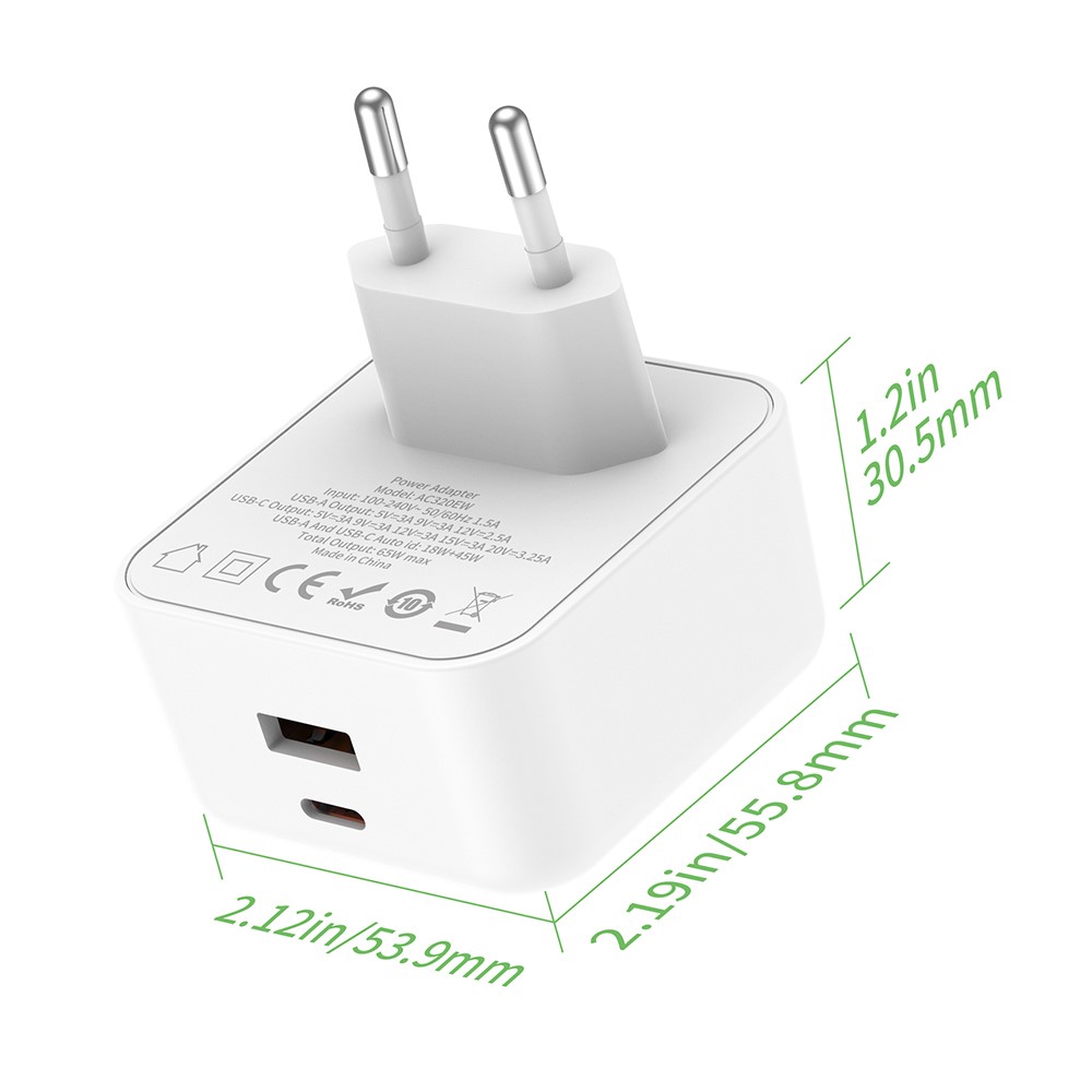 شارژر دیواری 65W GaN بودی PD و فست با 2 پورت مدل AC320EW با گارانتی 18 ماهه (6 ماه تعویض) — تصویر ۳