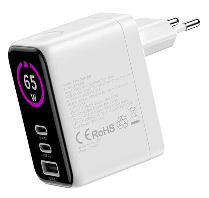شارژر دیواری 65 وات تی سی اچ مدل TCH CA65M دو پین با 2 خروجی USB-C و 1 خروجی USB با گارانتی 18 ماهه شرکتی — تصویر ۳