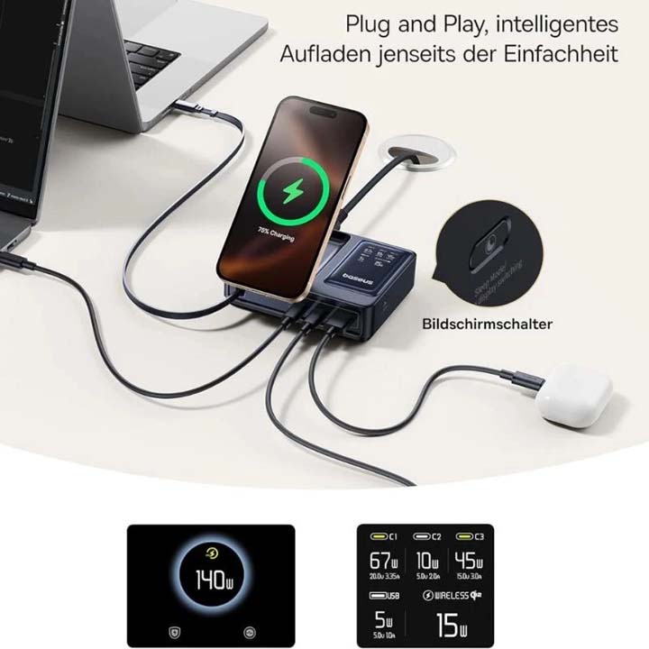شارژر رومیزی 140 وات باسیوس 5 پورت مدل Baseus Nomos 5in1 Qi2 با 3 خروجی USB-C و 1 خروجی USB و 1 خروجی بی سیم به همراه کابل جمع شونده با گارانتی 24 ماهه شرکتی — تصویر ۵