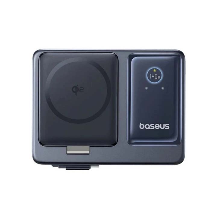 شارژر رومیزی 140 وات باسیوس 5 پورت مدل Baseus Nomos 5in1 Qi2 با 3 خروجی USB-C و 1 خروجی USB و 1 خروجی بی سیم به همراه کابل جمع شونده با گارانتی 24 ماهه شرکتی — تصویر ۲