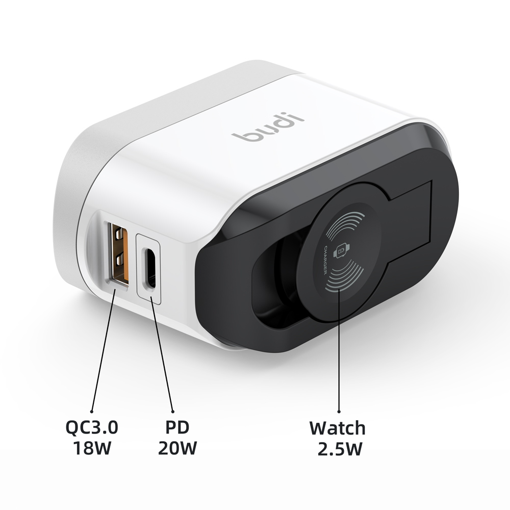 شارژر دیواری 20W بودی PD و فست سه پین یک خروجی شارژ بی سیم ساعت با 2 پورت مدل AC330WUW با گارانتی 18 ماهه (6 ماه تعویض) — تصویر ۴