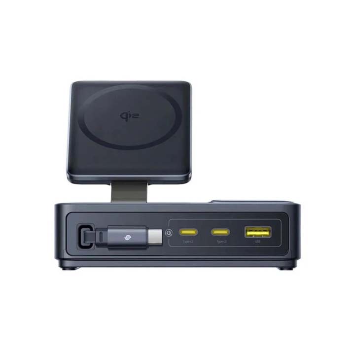 شارژر رومیزی 140 وات باسیوس 5 پورت مدل Baseus Nomos 5in1 Qi2 با 3 خروجی USB-C و 1 خروجی USB و 1 خروجی بی سیم به همراه کابل جمع شونده با گارانتی 24 ماهه شرکتی — تصویر ۴