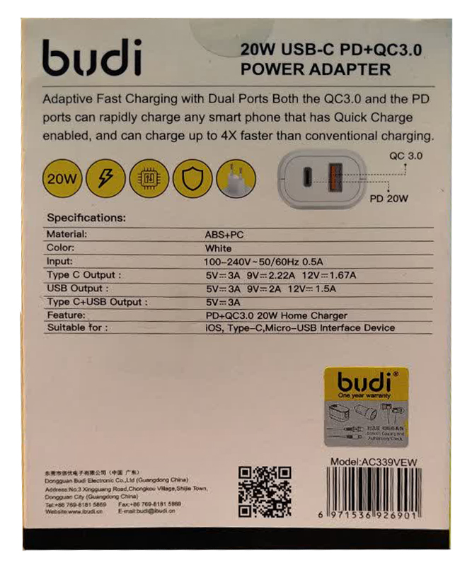 شارژر دیواری 20W بودی PD و QC3.0 و فست با 2 پورت مدل AC339VEW با گارانتی 18 ماهه (6 ماه تعویض) — تصویر ۵