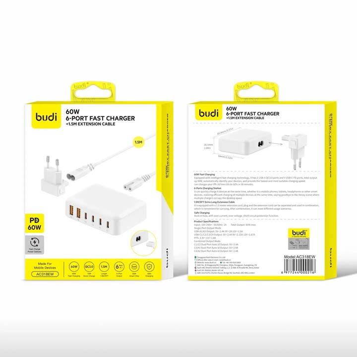 هاب شارژ رومیزی 60W GaN بودی 6 پورت به همراه کابل 1.5 متری مدل AC318EW با گارانتی 18 ماهه (6 ماه تعویض) — تصویر ۷