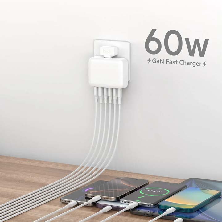 هاب شارژ رومیزی 60W GaN بودی 6 پورت به همراه کابل 1.5 متری مدل AC318EW با گارانتی 18 ماهه (6 ماه تعویض) — تصویر ۵