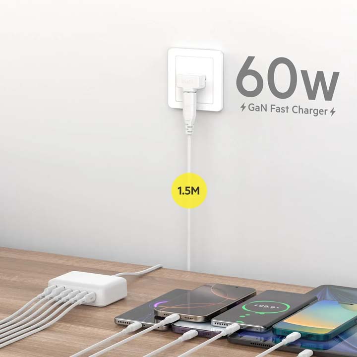 هاب شارژ رومیزی 60W GaN بودی 6 پورت به همراه کابل 1.5 متری مدل AC318EW با گارانتی 18 ماهه (6 ماه تعویض) — تصویر ۶