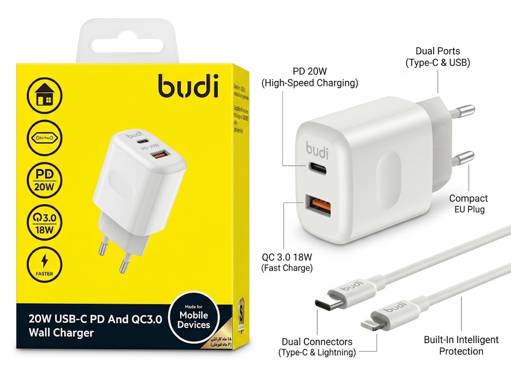 شارژر دیواری 30W بودی PD و فست به همراه کابل 27W USB-C به لایتنینگ به طول 1.2 متر با 2 پورت مدل AC306ETLW با گارانتی 18 ماهه (6 ماه تعویض)