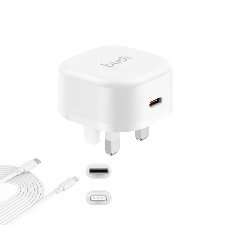 شارژر دیواری 20W بودی PD و فست سه پین با یک خروجی USB-C به همراه کابل 27W USB-C به لایتنینگ به طول 1.2 متر مدل AC361UTLWS با گارانتی 18 ماهه (6 ماه تعویض)