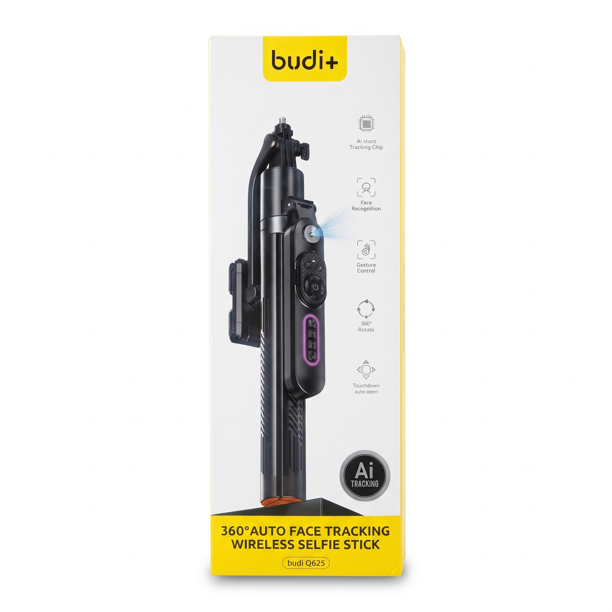 سلفی استیک بی‌سیم Budi Plus مدل Q625 با هوش مصنوعی و تعقیب چهره با گارانتی 18 ماهه (6 ماه تعویض)