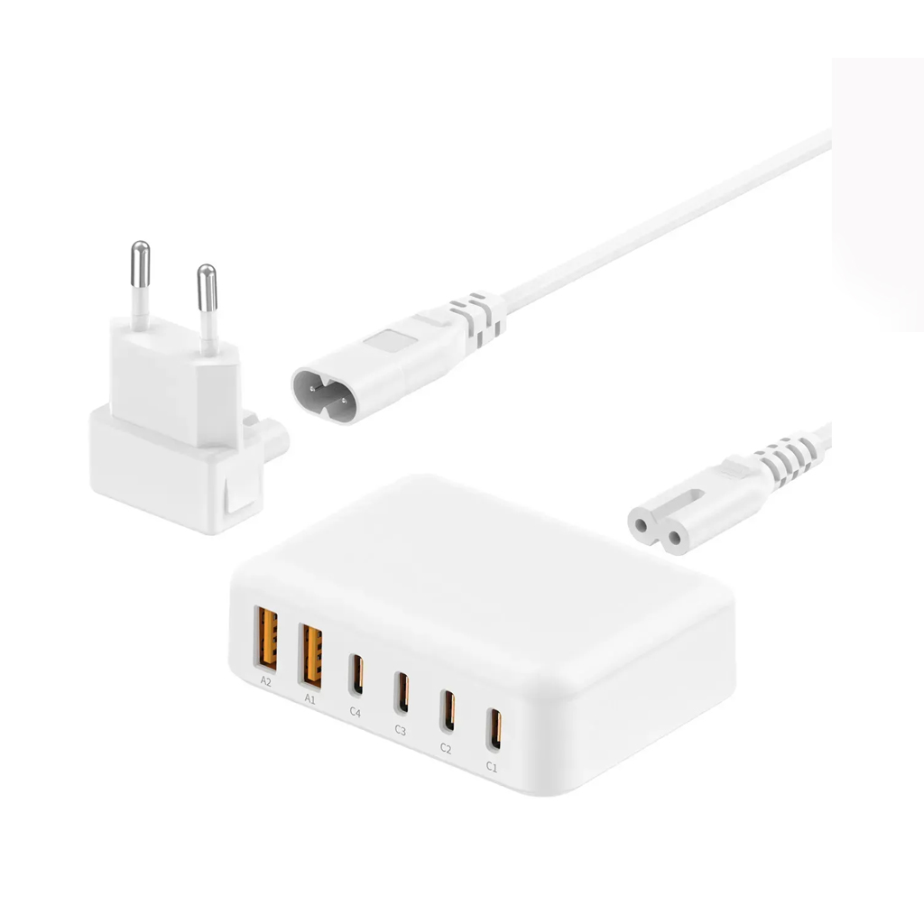 هاب شارژ رومیزی 60W GaN بودی 6 پورت به همراه کابل 1.5 متری مدل AC318EW با گارانتی 18 ماهه (6 ماه تعویض)