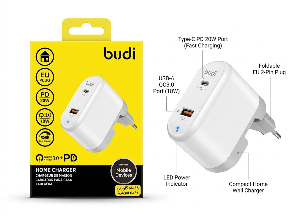 شارژر دیواری 36W بودی PD و فست با یک خروجی USB و یک خروجی USB-C و سری قابل چرخش مدل AC328EW با گارانتی 18 ماهه (6 ماه تعویض)