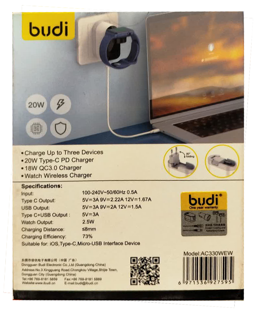 شارژر دیواری 20W بودی دو پین با یک خروجی USB، یک خروجی USB-C و یک خروجی شارژ بی سیم ساعت مدل AC330WEW با گارانتی 18 ماهه (6 ماه تعویض) — تصویر ۴
