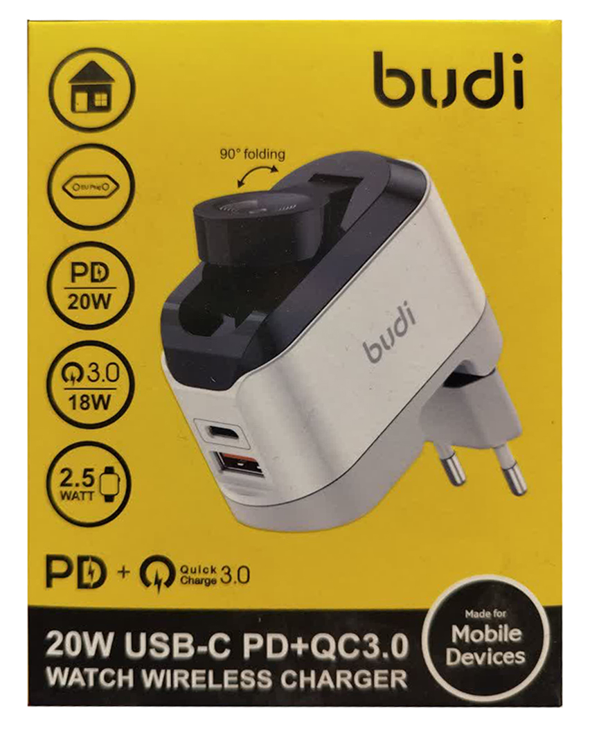 شارژر دیواری 20W بودی دو پین با یک خروجی USB، یک خروجی USB-C و یک خروجی شارژ بی سیم ساعت مدل AC330WEW با گارانتی 18 ماهه (6 ماه تعویض) — تصویر ۳